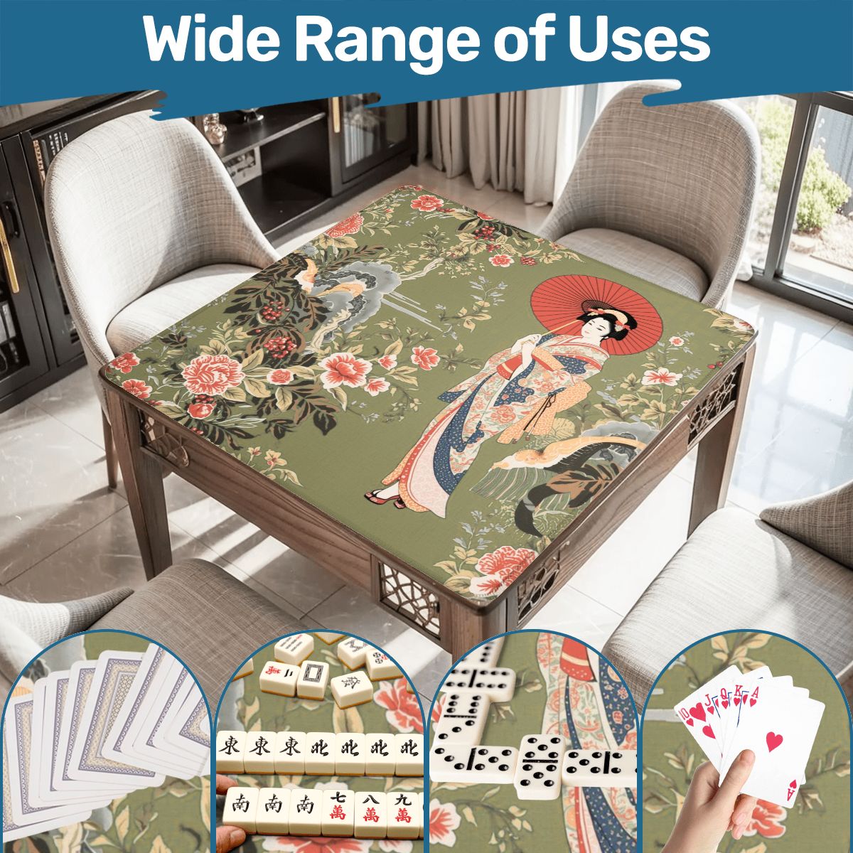 Asian Floral Geisha Girl Mahjong Mat 33"x33 - Splash of Color Co.