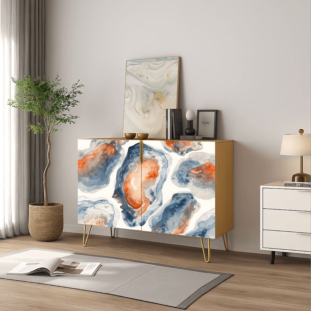 Blue Oyster Watercolor Modern Wooden Storage Cabinet - Splash of Color Co.