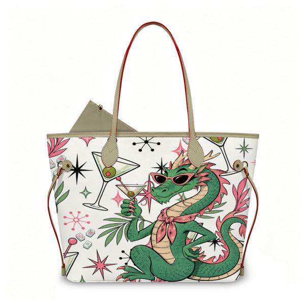 The Tipsy Dragon Mahjong Vegan Leather Tote Bag With Mini Pouch - Splash Of Mahj And Color Co.