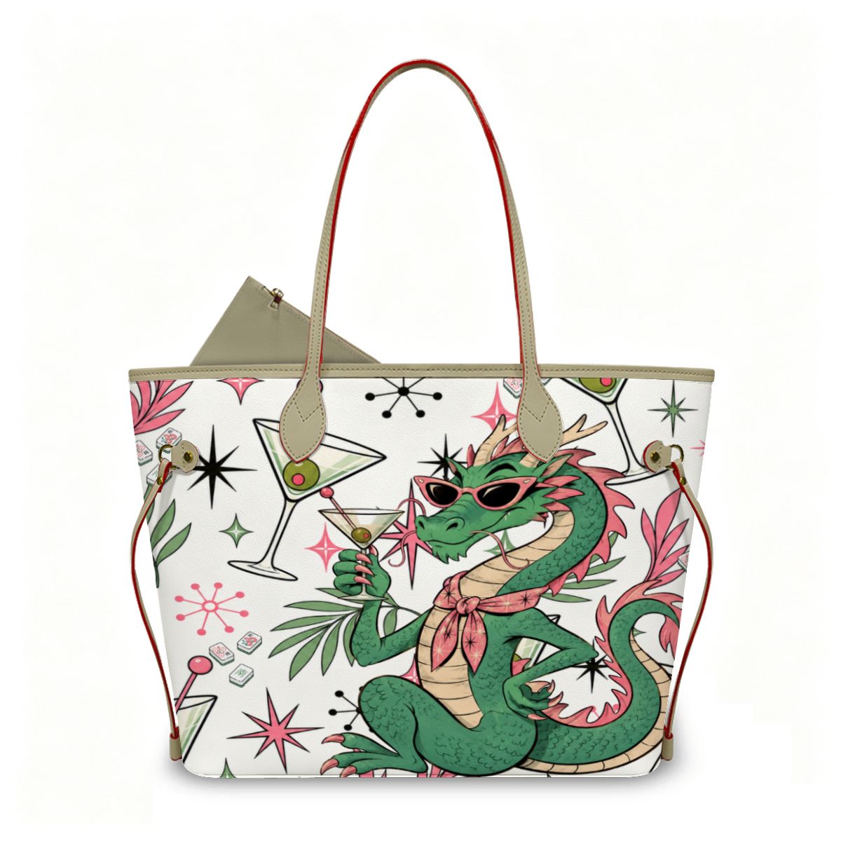 The Tipsy Dragon Mahjong Vegan Leather Tote Bag With Mini Pouch - Splash Of Mahj And Color Co.