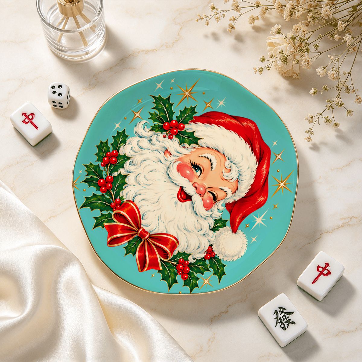 Nostalgic Santa Round Scalloped Ceramic Mahjong Dice Tray - Splash Of Mahj And Color Co.