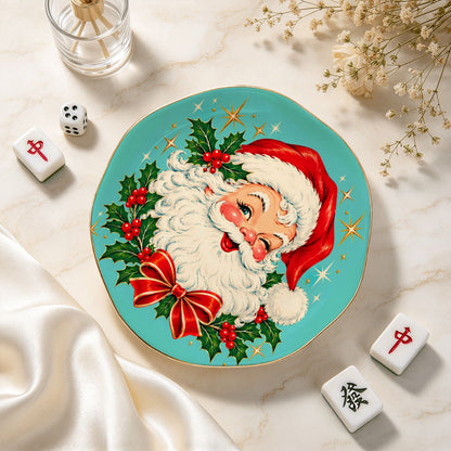 Nostalgic Santa Round Scalloped Ceramic Mahjong Dice Tray - Splash Of Mahj And Color Co.