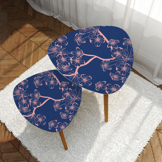 Asian Royal Blue Pink Floral Zen Nesting Triangle Coffee Tables