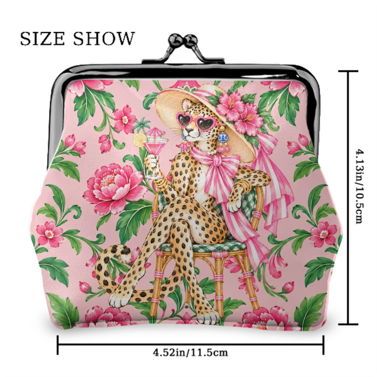 Grand Millenial Chic Chinoiserie Leopard Lady Women's Leather Kiss Lock Coin Purse