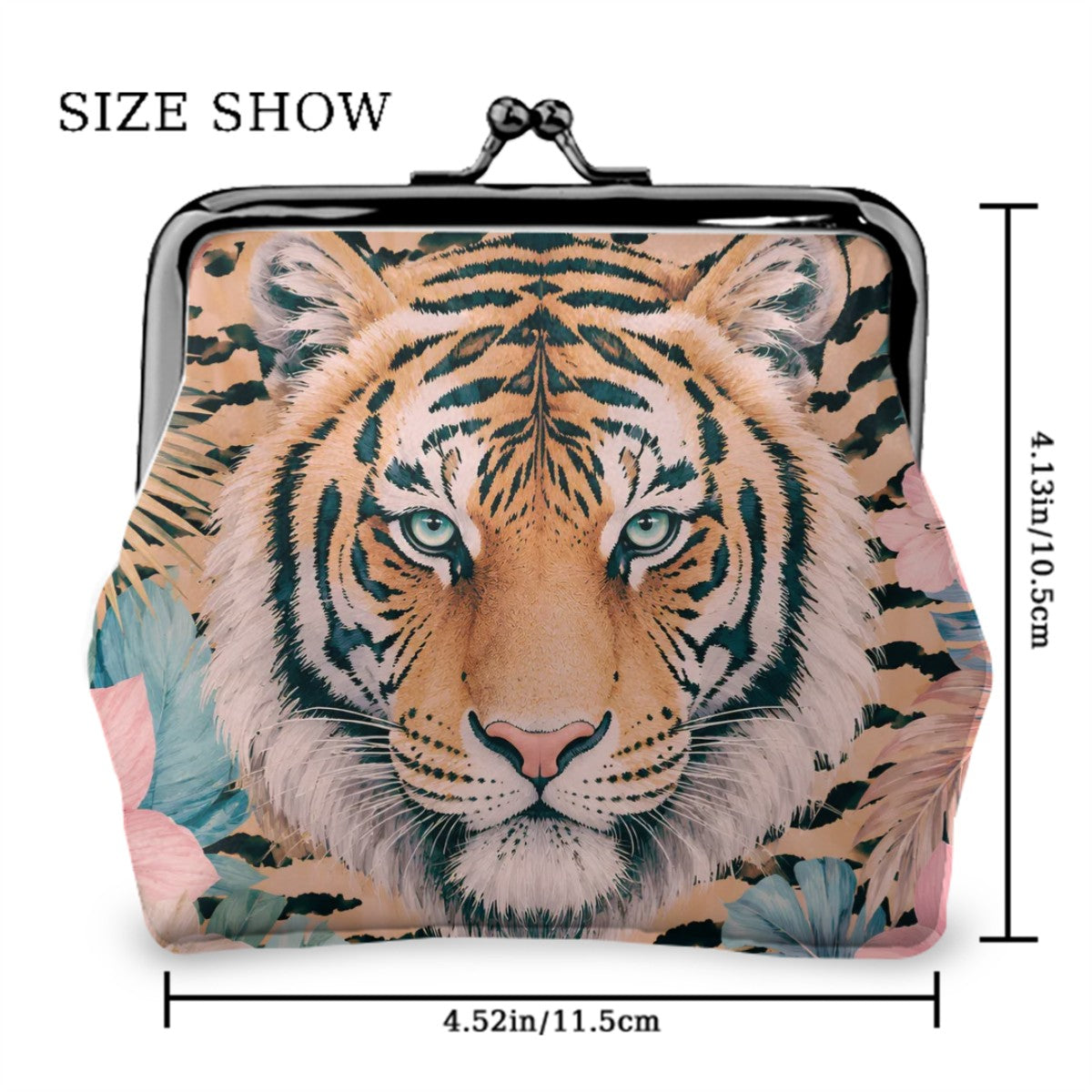 Eye of The Tiger Floral Print Women's Leather Kiss Lock Coin Purse