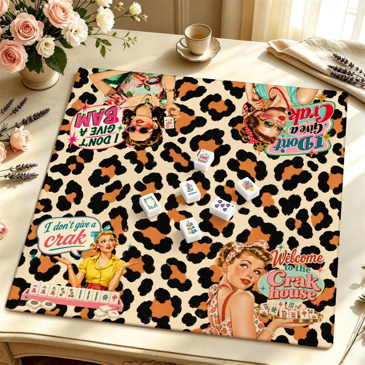 Humorous Mahjong Leopard Print Mahjong Mat Sleek Surface - Splash Of Mahj And Color Co.