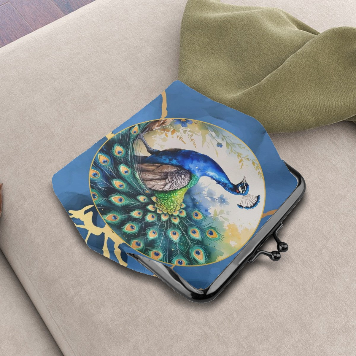 Pretty Peacock Blue Marbled Women's Leather Kiss Lock Coin Purse