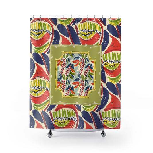Vibrant Floral Heritage Shower Curtain - Boho Bathroom Decor,  Citrus Green, Blue, Coral Boho Bath Decor