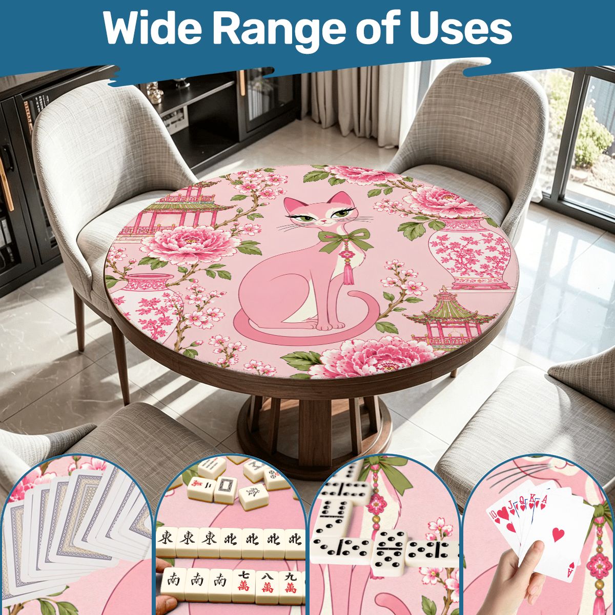 Pink Peony Purr Chinoiserie Round Mahjong Mat