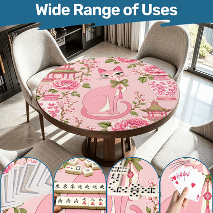 Pink Peony Purr Chinoiserie Round Mahjong Mat