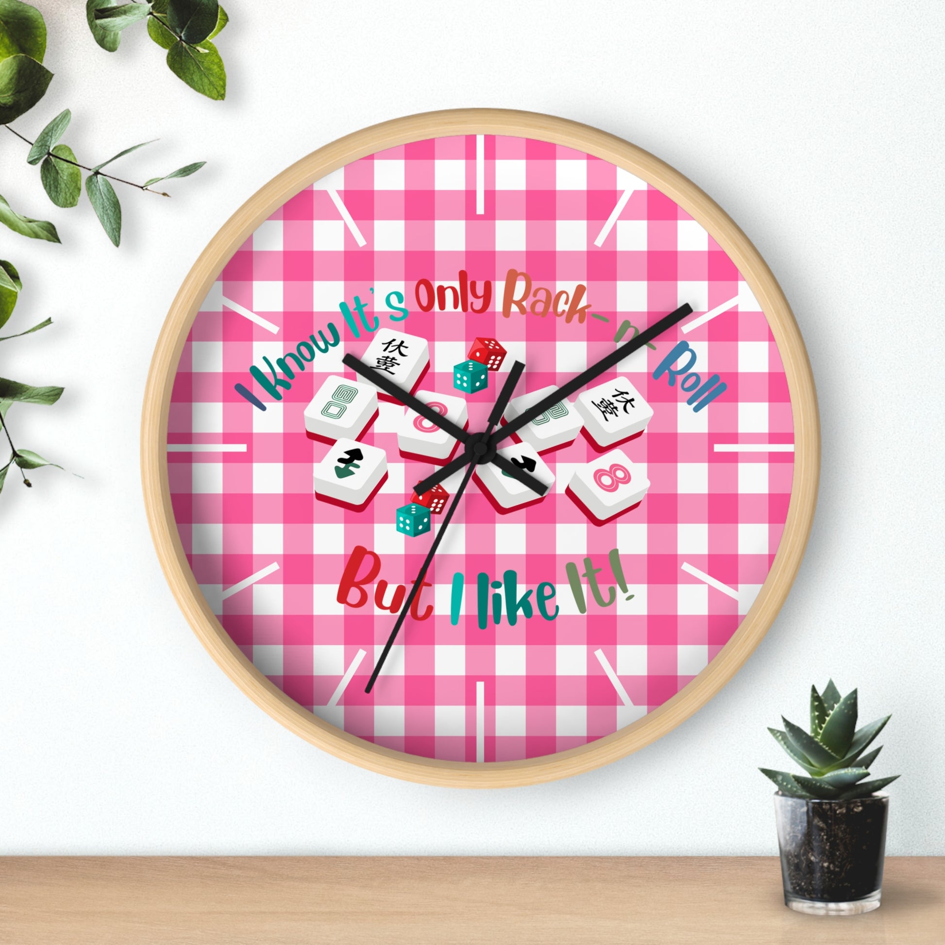 Mahjong Dice Wall Clock — "I Know It’s Only Rack ‘n’ Roll But I Like It" Pink Plaid - Splash of Color Co.
