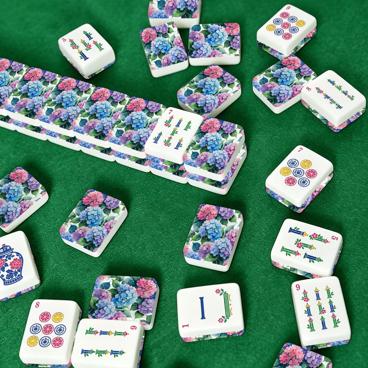 Blooming Hydrangeas Chinoiserie Mahjong Tiles With Carry Case - Splash Of Mahj And Color Co.