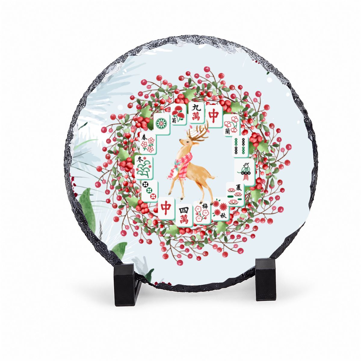 Christmas Dancing Prancing Mahjong Reindeer Round Photo Rock Slate Frame