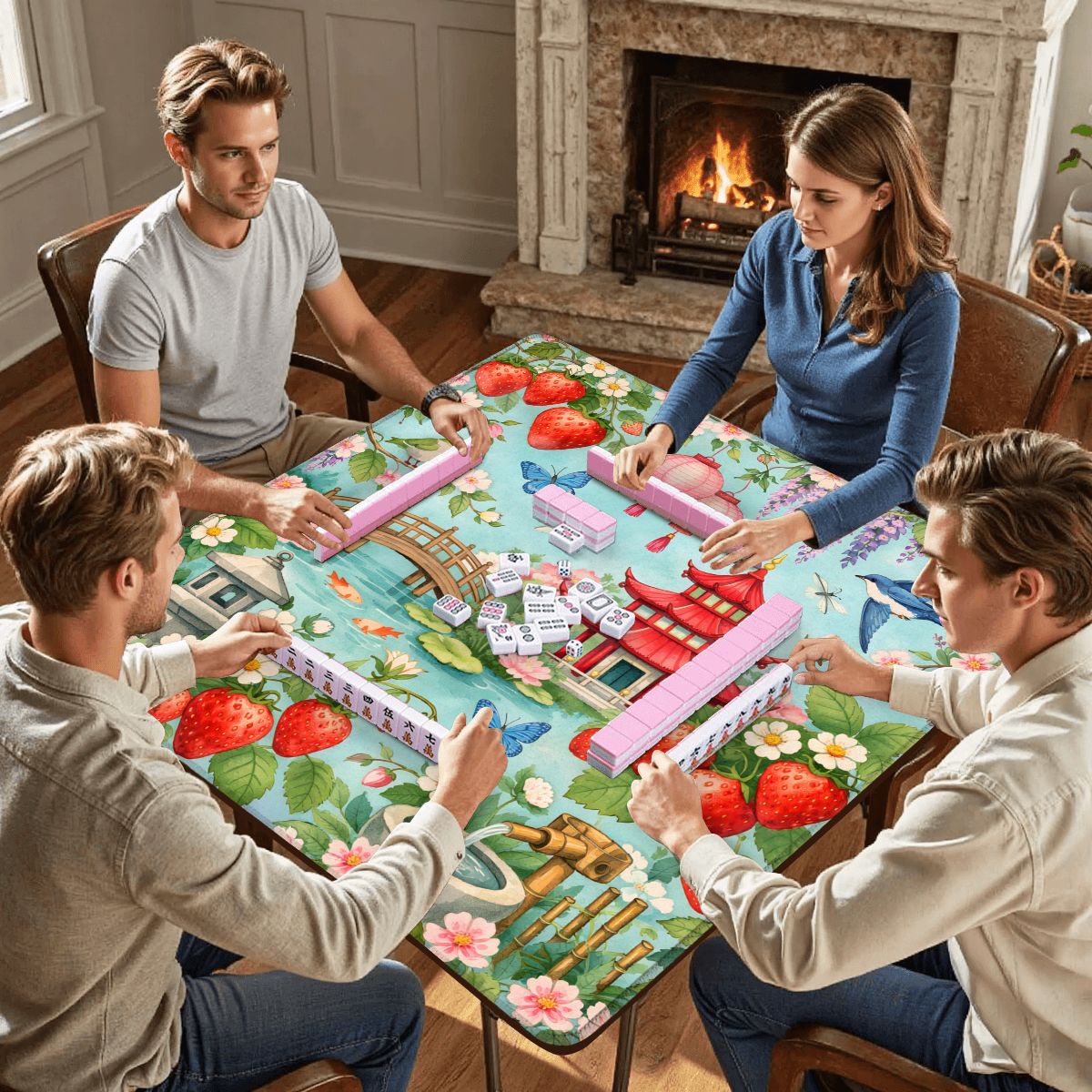 Strawberry Pagoda Garden Watercolor Mahjong Mat - Splash of Color Co.