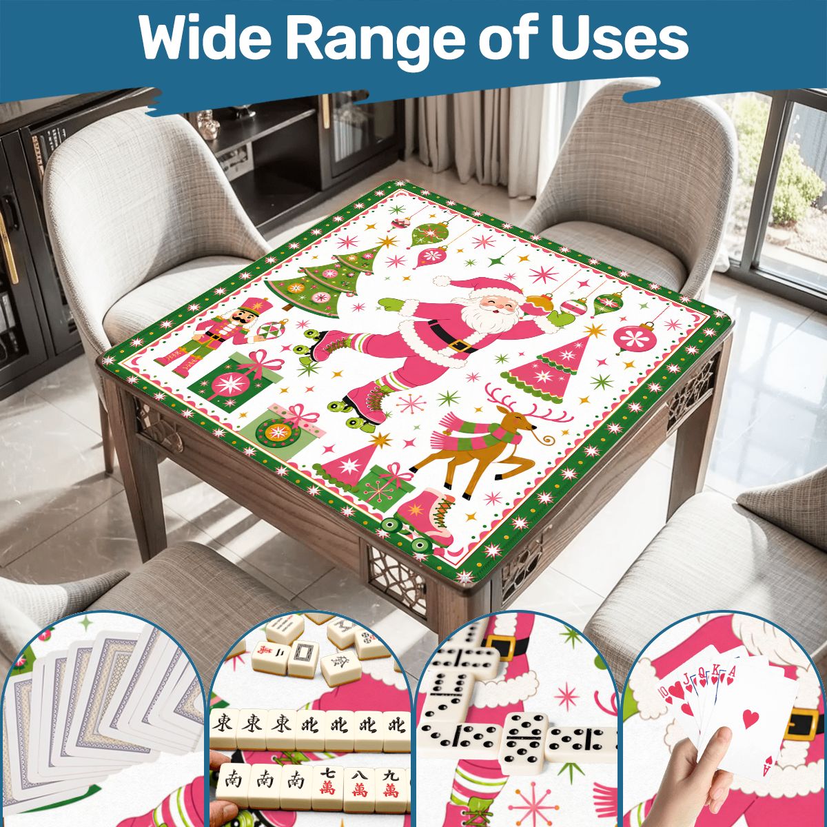 Whimsy Santa Rollerskating, Christmas Mahjong Mat - Splash Of Mahj And Color Co.