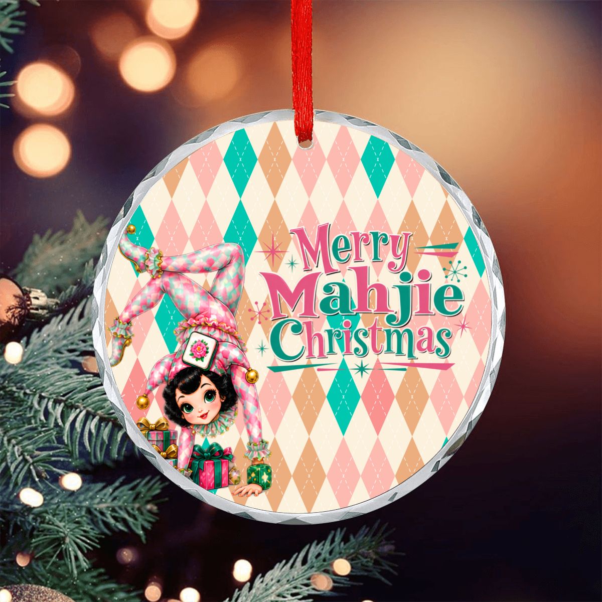Merry Mahjie Christmas Flipping For Mahjong Harlequin Designed Round Glass Christmas Ornament