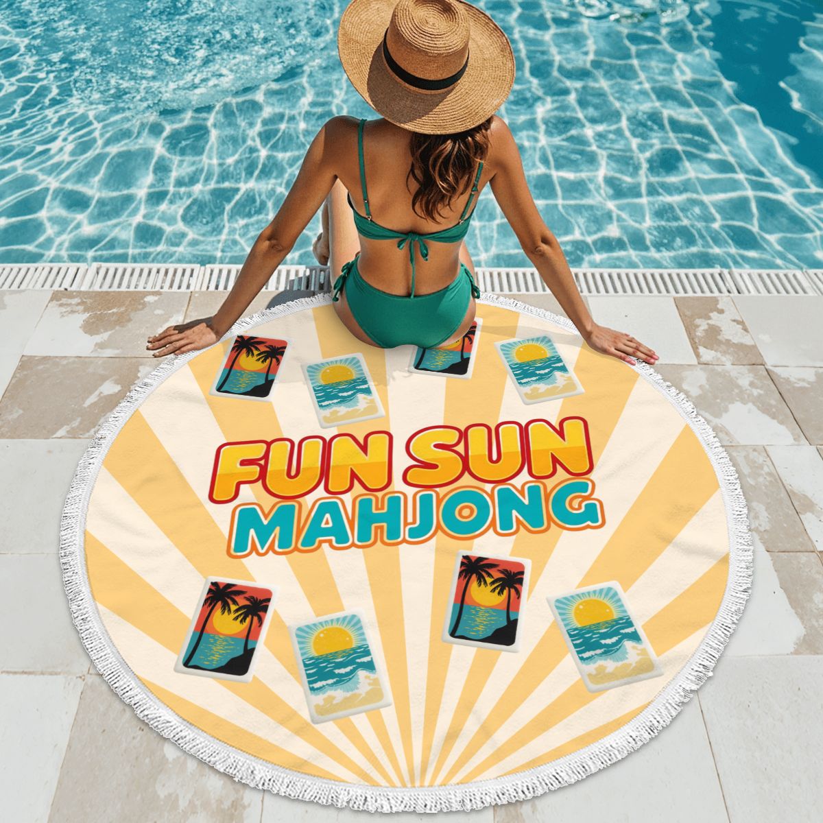 Mahjong Pool Fun Sun Round Tassel Beach Towel - Splash of Color Co.