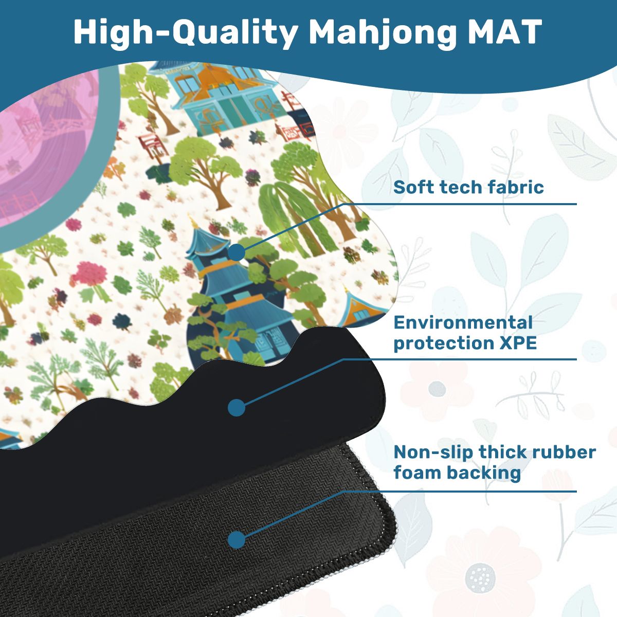 Mahjong Mat Chinoiserie Pagoda Asian Garden Scalloped - Splash of Color Co.