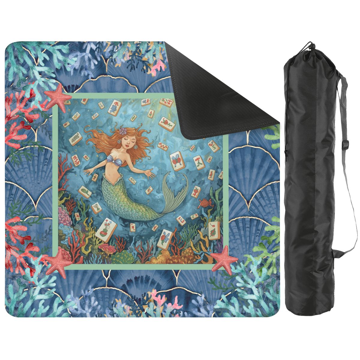 Mermaid Mahjong Mat, Sea Of Life Marbled Blue And Coral Reef - Splash of Color Co.