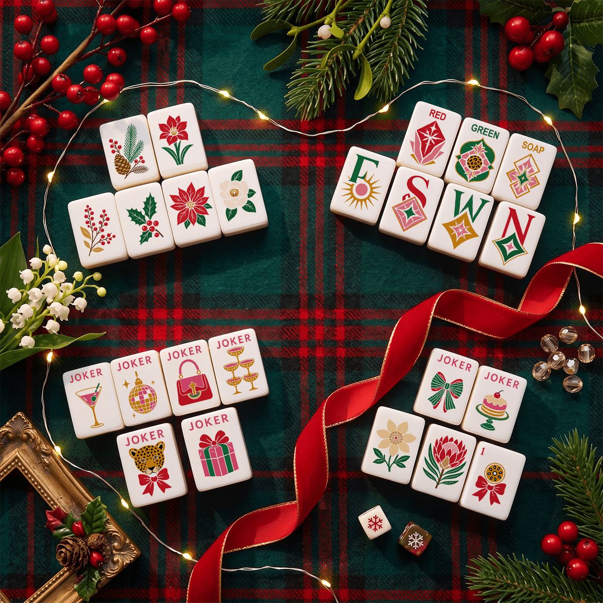 Nostalgic Tinsel Trees, Pink Glam Holiday Christmas Mahjong Tiles And Carry Case