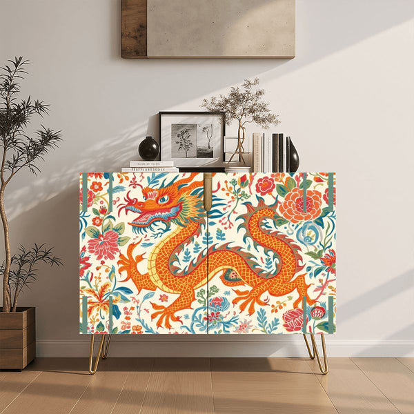 Asian Dragon Chinoiserie Orange Blue Green Modern Wooden Storage Cabinet - Splash of Color Co.
