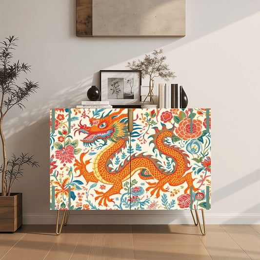 Asian Dragon Chinoiserie Orange Blue Green Modern Wooden Storage Cabinet - Splash of Color Co.