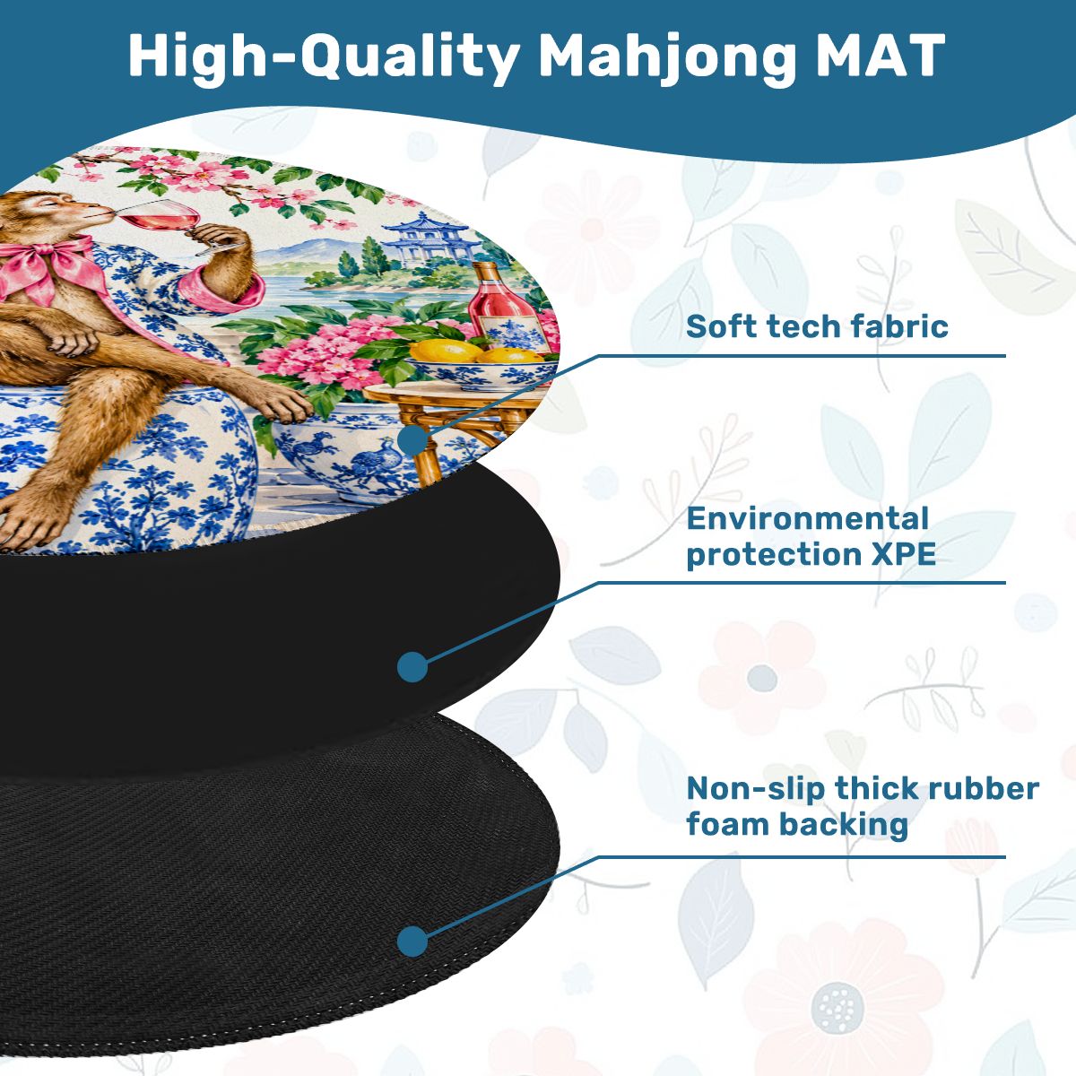 Chinoiserie Monkey Garden Party Round Mahjong Mat - Splash Of Mahj And Color Co.