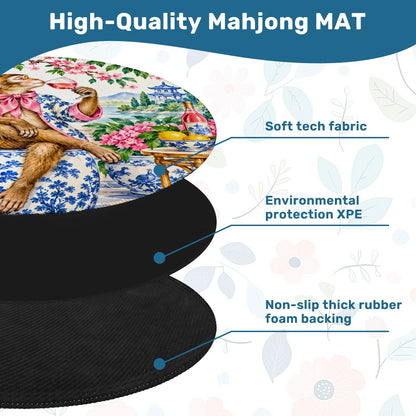 Chinoiserie Monkey Garden Party Round Mahjong Mat - Splash Of Mahj And Color Co.