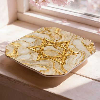 Gold Marbled Star Of David Scalloped Ceramic Mahjong Dice Tray - Splash Of Mahj And Color Co.