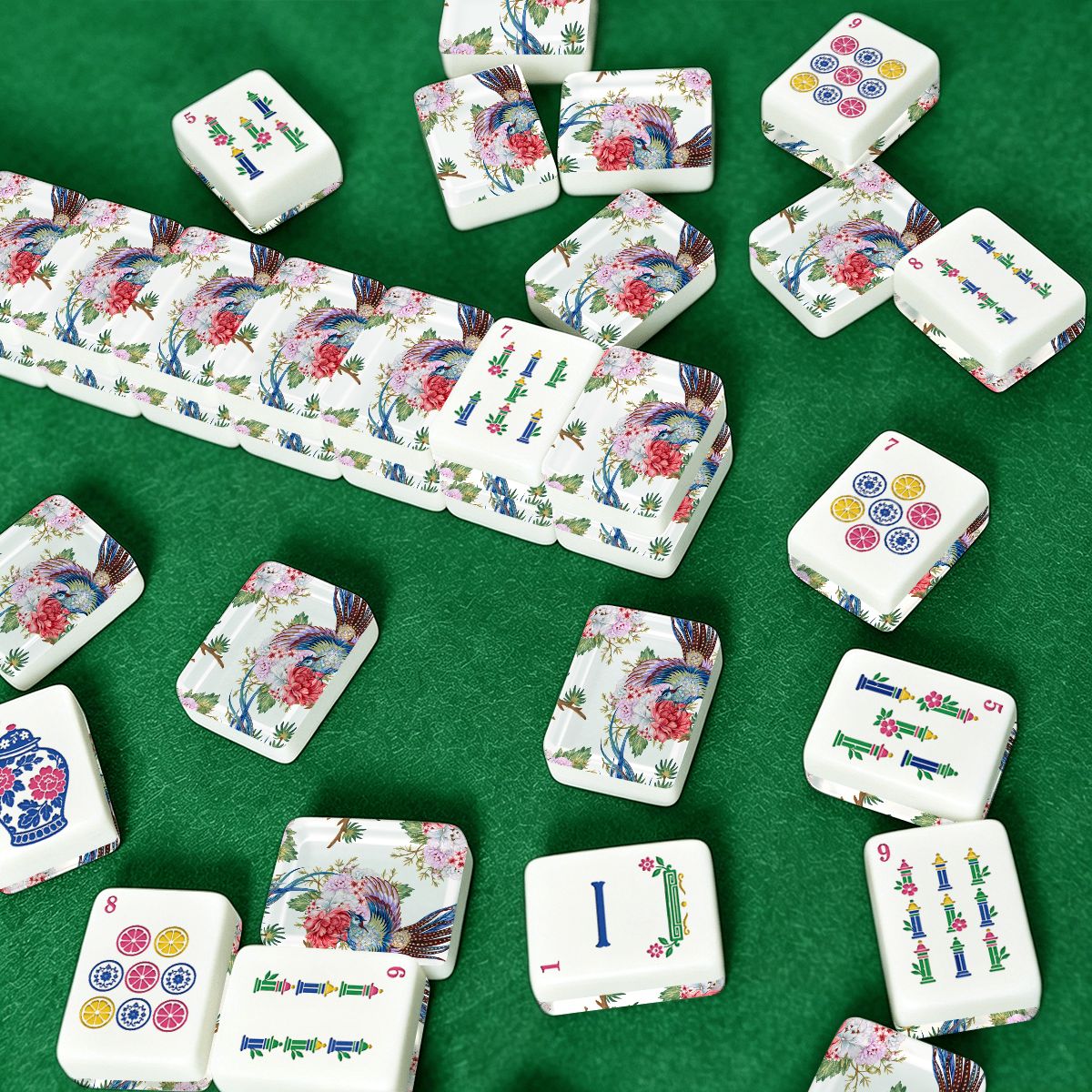 Floral Blossom Bam Bird Chinoiserie American Engraved Mahjong Tiles And Carry Case