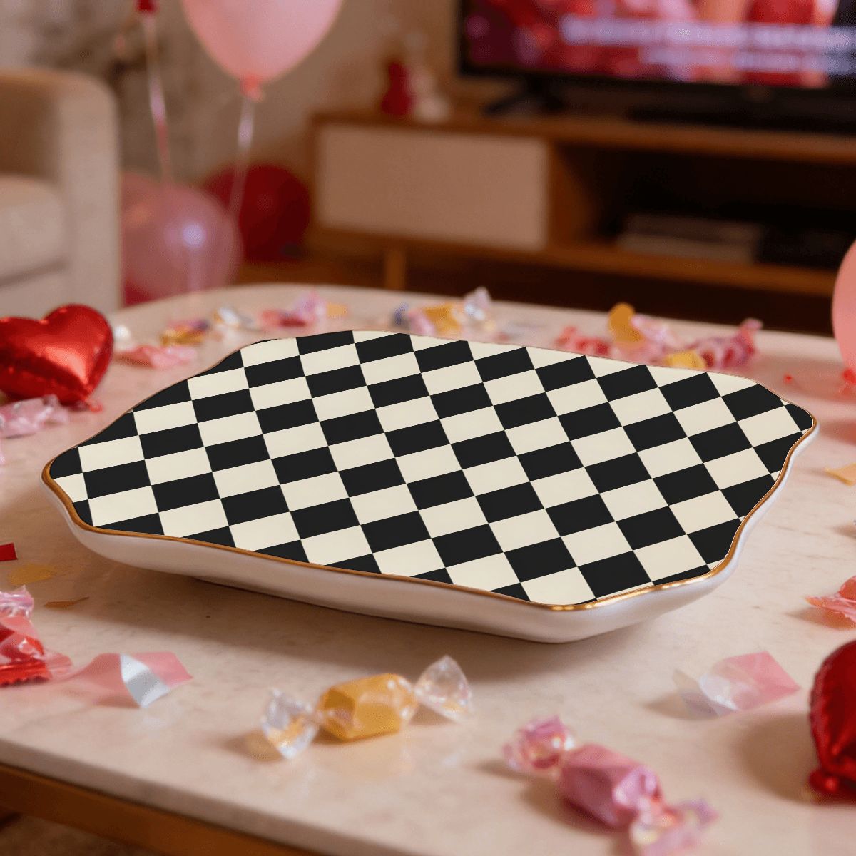 Black Harlequin Scalloped Ceramic Mahjong Dice Tray