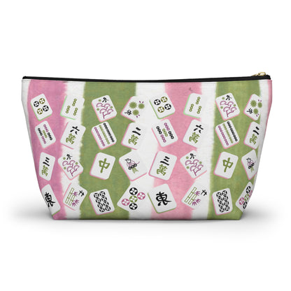 Mahjong Tile Pouch, Mahj Lover Gift, Cosmetic Bag, Pastel Pink Green Striped With Mahjong Tiles