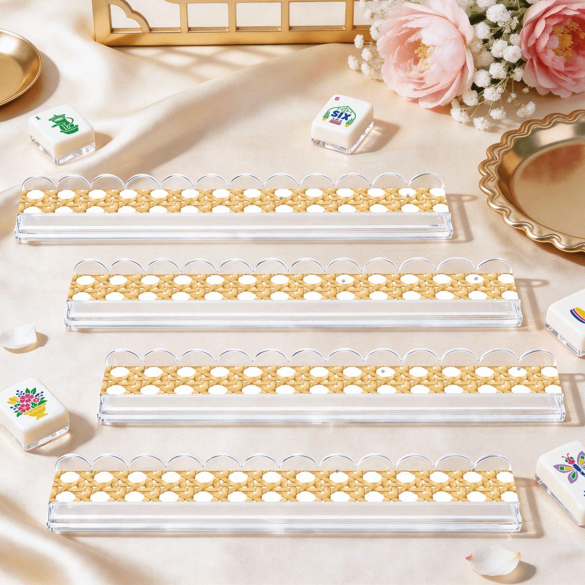 Vintage Cane Design Extended Mahjong Rack Set of 4 Scalloped Magnetic Tile Pusher 20' - Splash Of Mahj And Color Co.