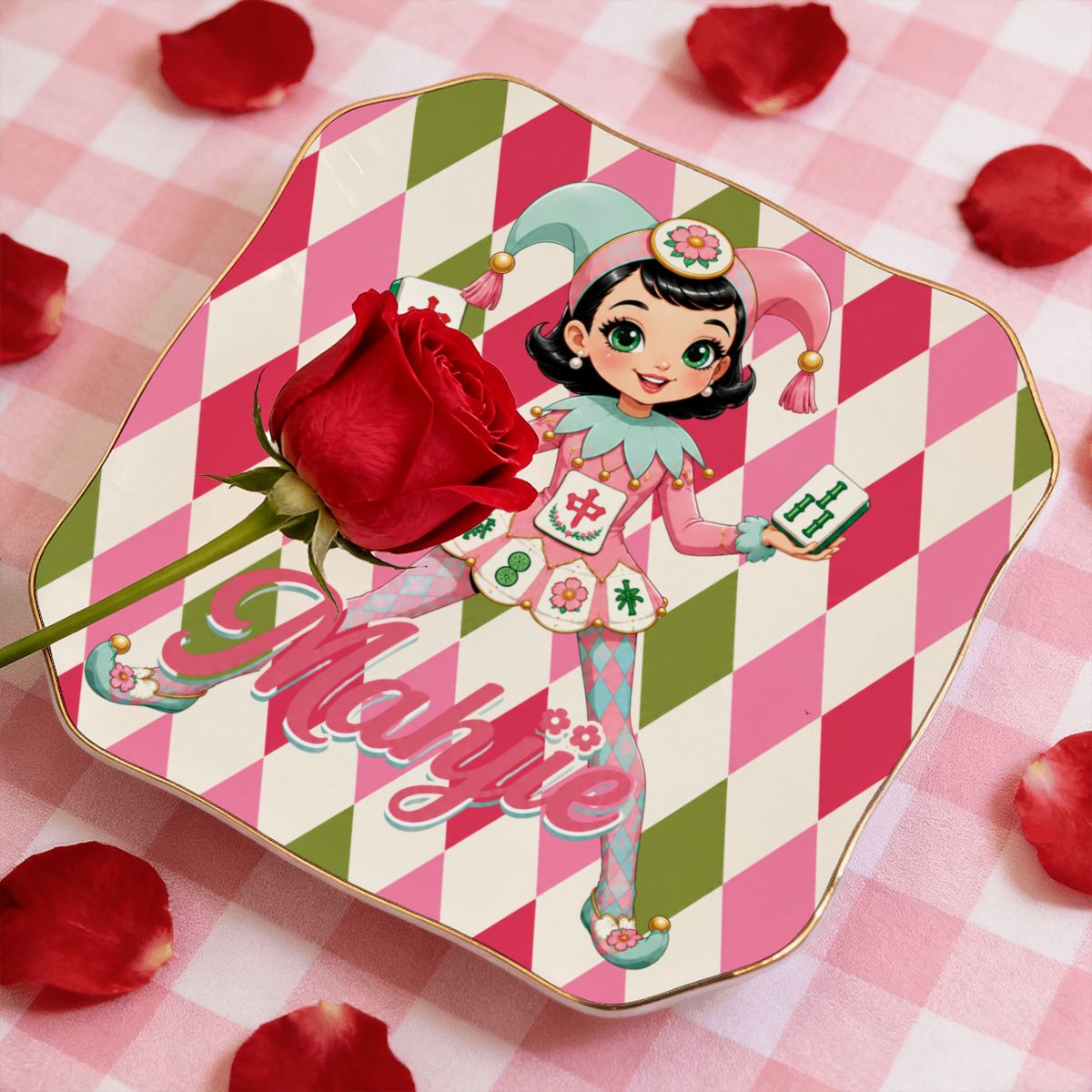 Mahjie The Mascot Harlequin Designed Scalloped Ceramic Mahjong Dice Tray