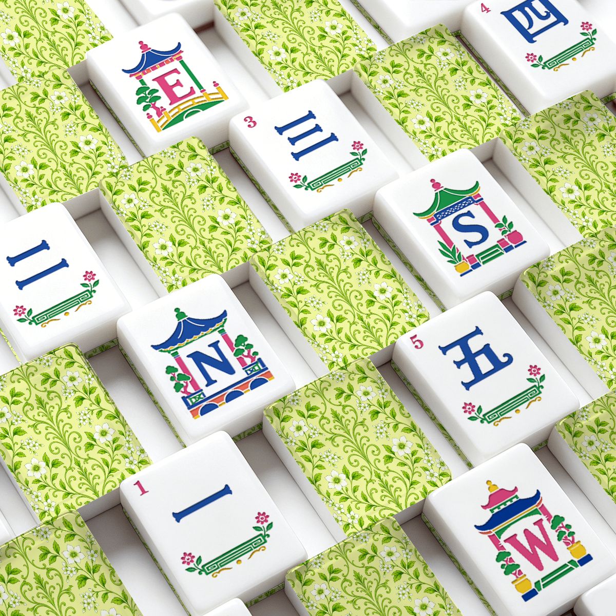 Key Lime Crush Chinoiserie Floral Engraved Mahjong Tiles
