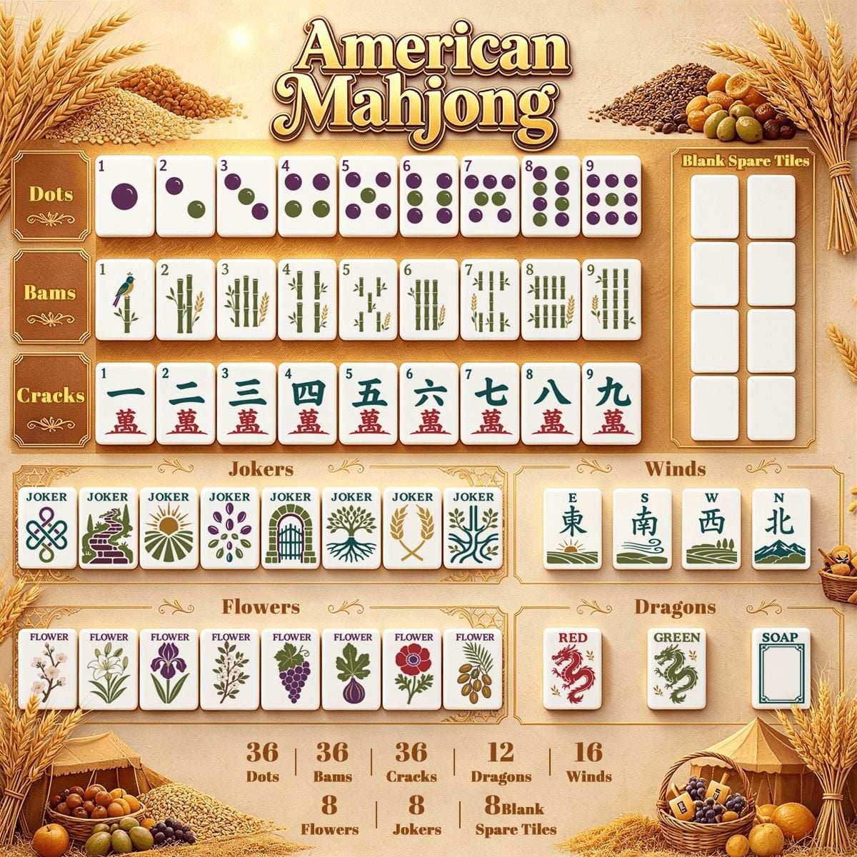 Mediterranean Olive Green Tuscan Botanical American Mahjong Tiles And Carry Case - Splash Of Mahj And Color Co.