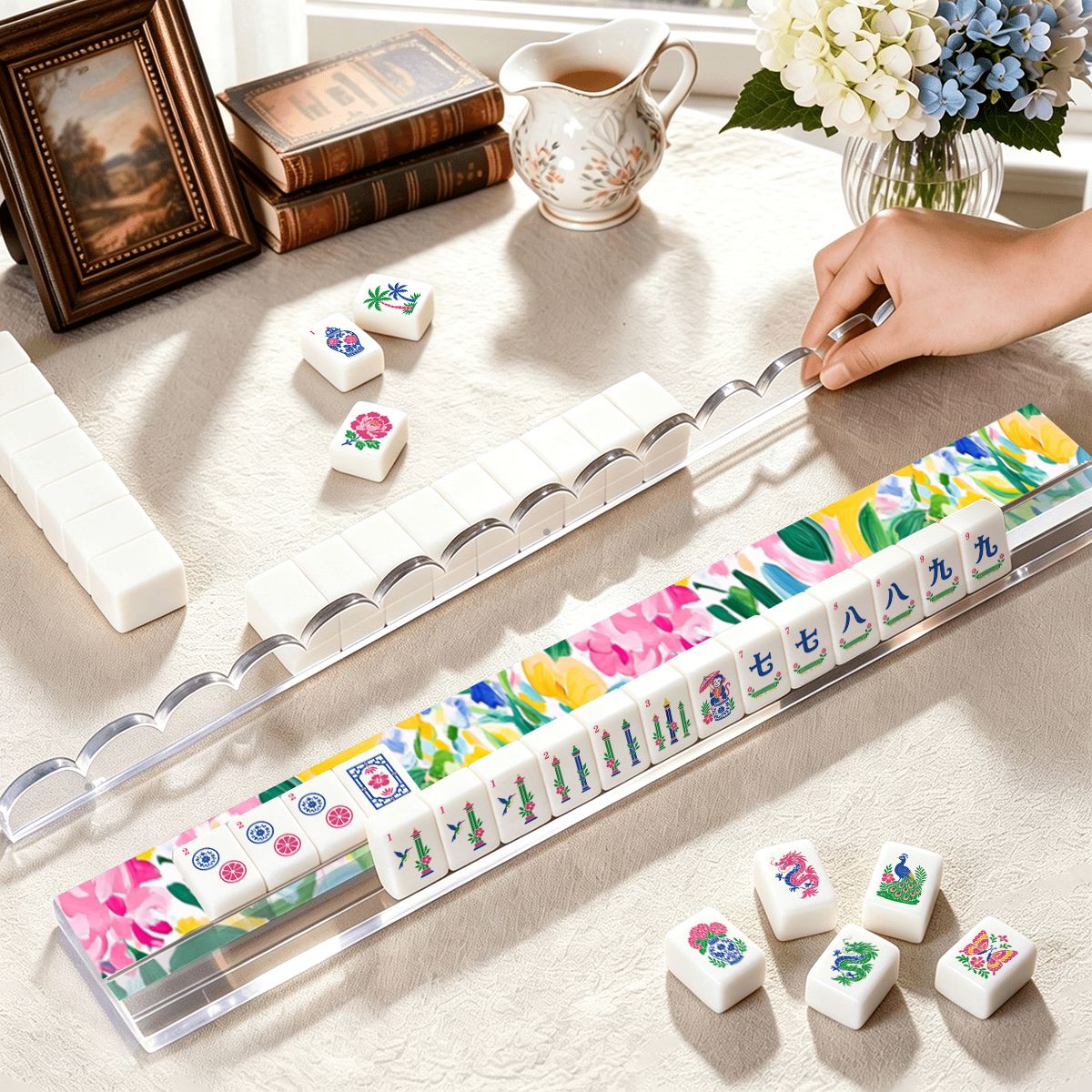 Sunny Chinoiserie Floral Watercolor Extended Mahjong Rack Set of 4  Scalloped Magnetic Tile Pusher 20'