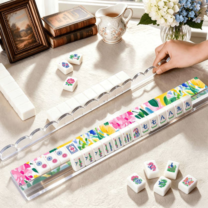 Sunny Chinoiserie Floral Watercolor Extended Mahjong Rack Set of 4  Scalloped Magnetic Tile Pusher 20'