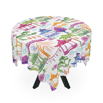 Chinoiserie Pagoda Mahjong Tablecloth – Asian Garden Pattern Decorative Table Cover - Splash of Color Co.