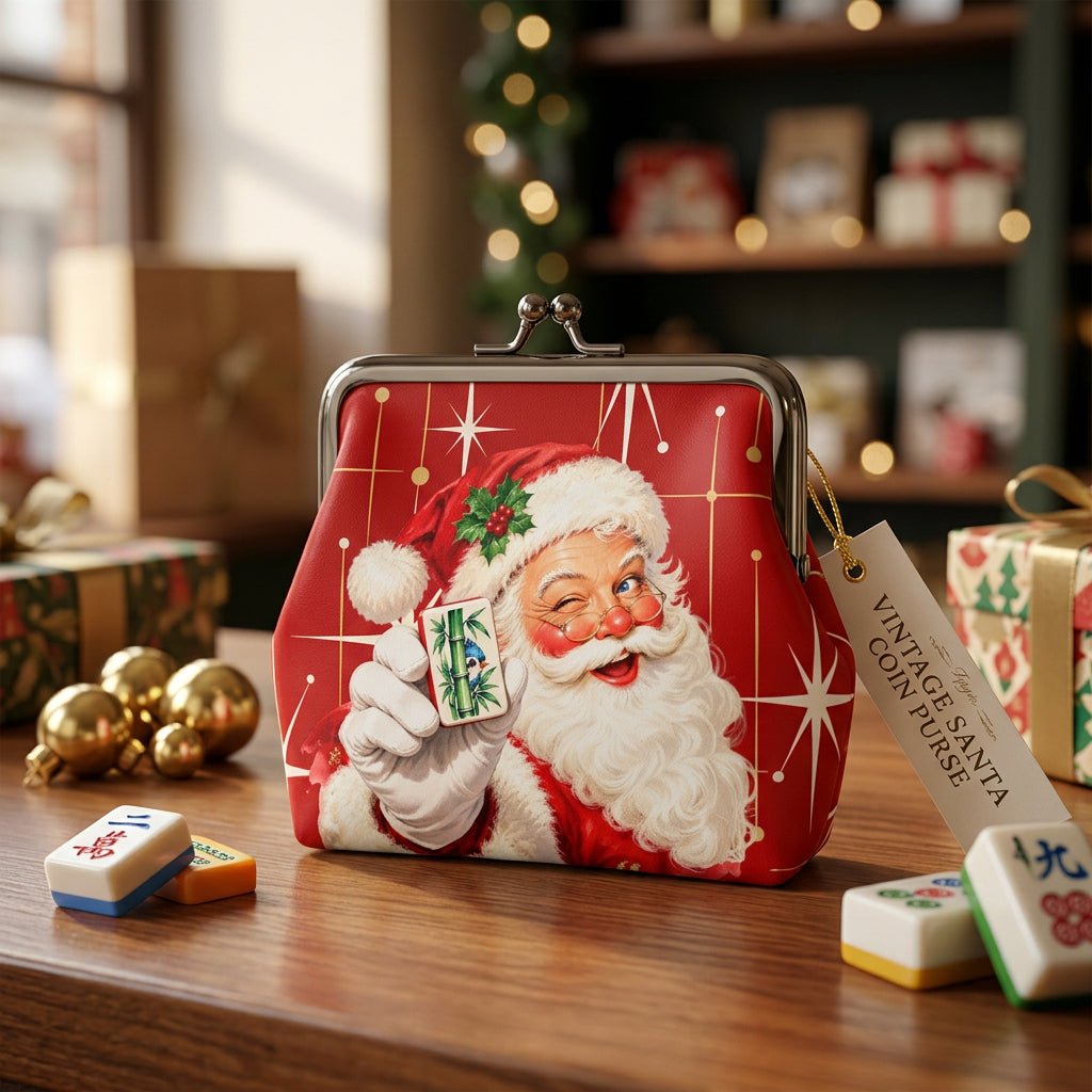 Nostalgic Vintage Santa Holiday Red Whimsical Women's Leather Kiss Lock Coin Purse - Splash Of Mahj And Color Co.