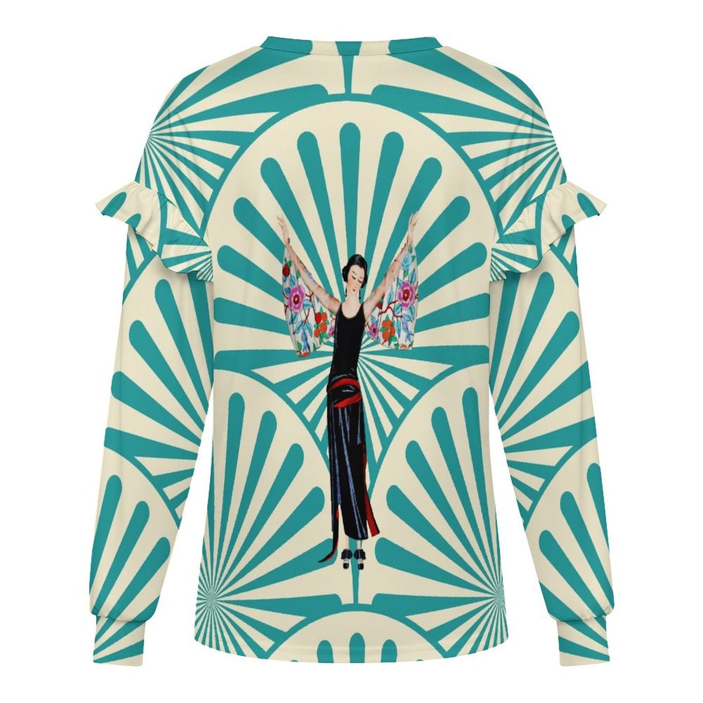 Art Deco Designed Asian Motif Design Women’s Lightweight Ruffle Shoulder Sweatshirt - Splash of Color Co.