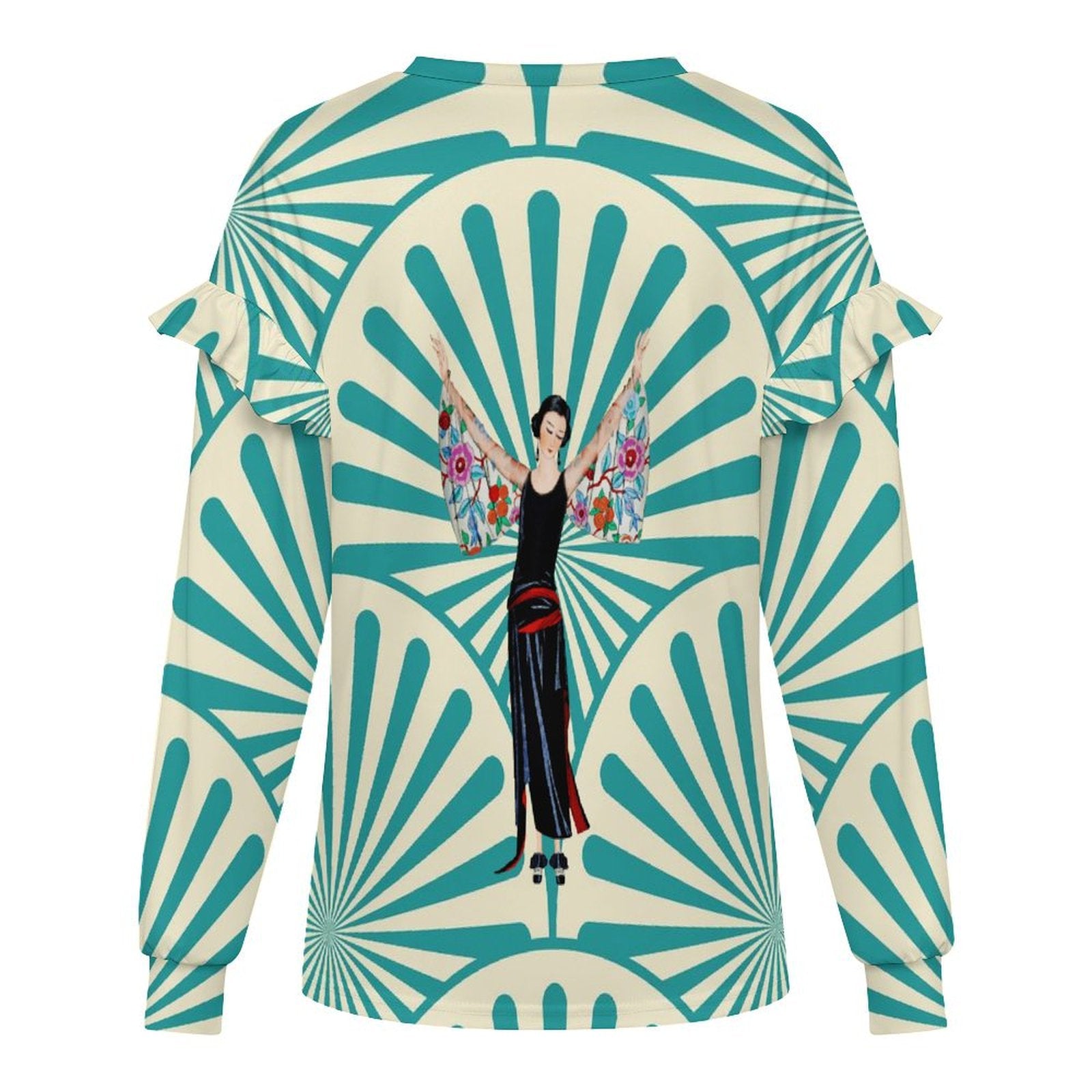Art Deco Designed Asian Motif Design Women’s Lightweight Ruffle Shoulder Sweatshirt - Splash of Color Co.