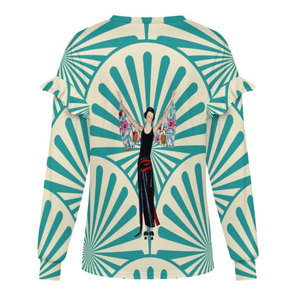 Art Deco Designed Asian Motif Design Women’s Lightweight Ruffle Shoulder Sweatshirt - Splash of Color Co.