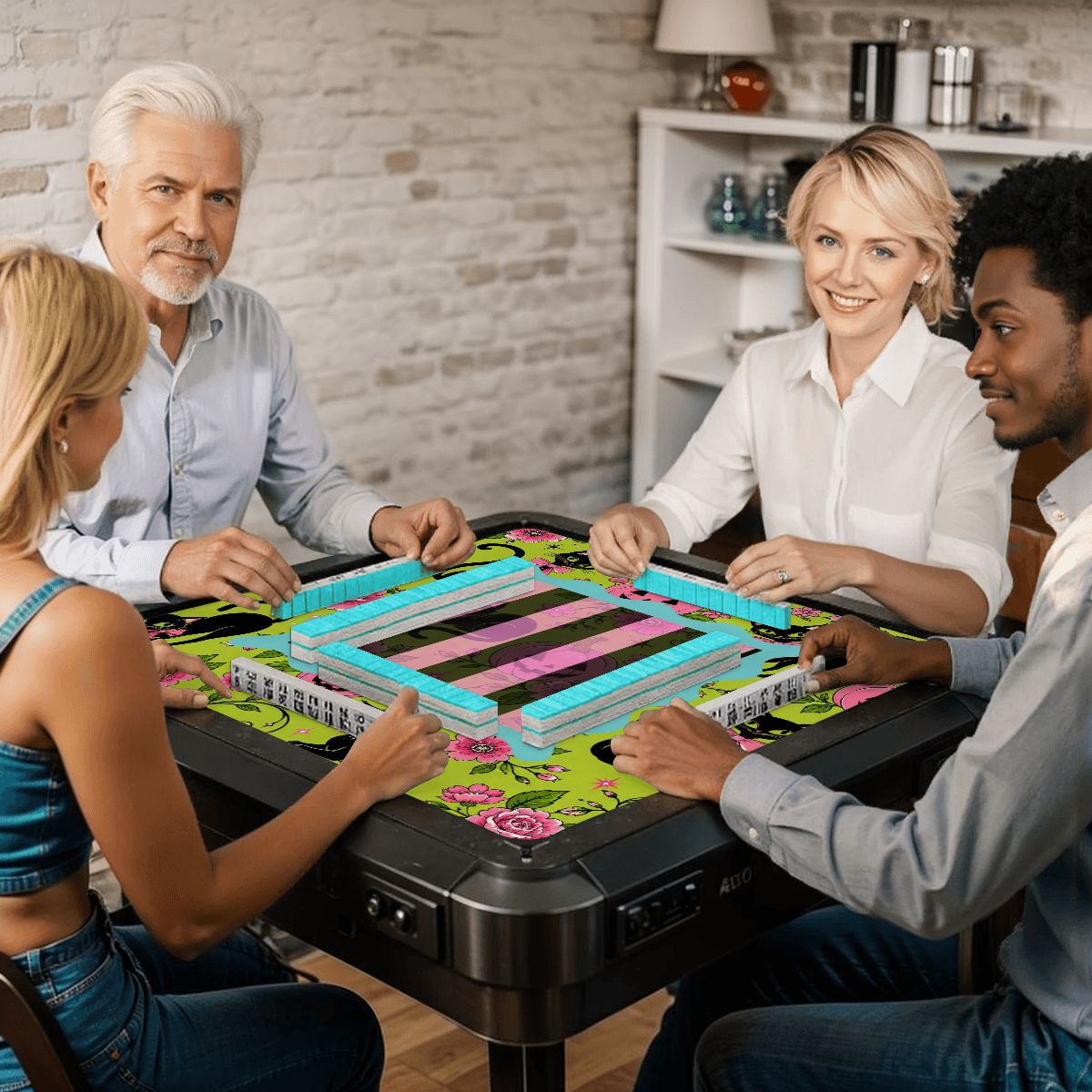 Halloween Kitty Cat Brigade Green And Pink Mahjong Mat - Splash Of Mahj And Color Co.