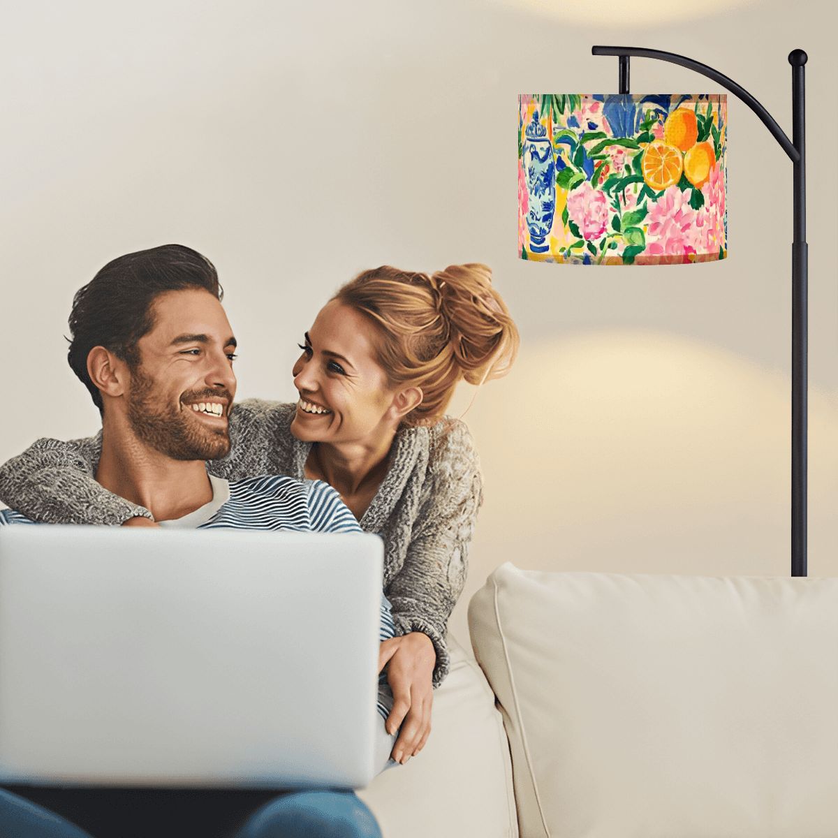 Vibrant Floral Asian Chinoiserie Modern Arc Floor Lamp - Splash of Color Co.