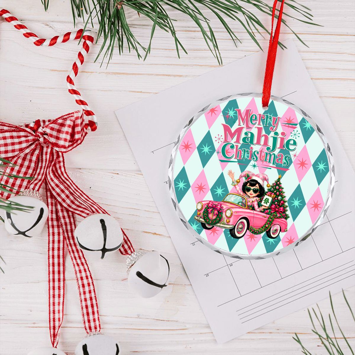 Merry Mahjie Christmas Pink And Teal Harlequin Round Glass Christmas Ornament