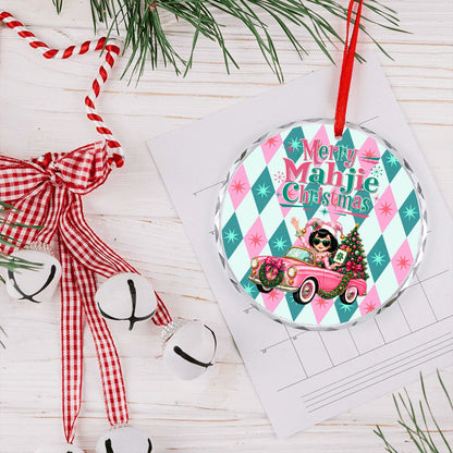Merry Mahjie Christmas Pink And Teal Harlequin Round Glass Christmas Ornament