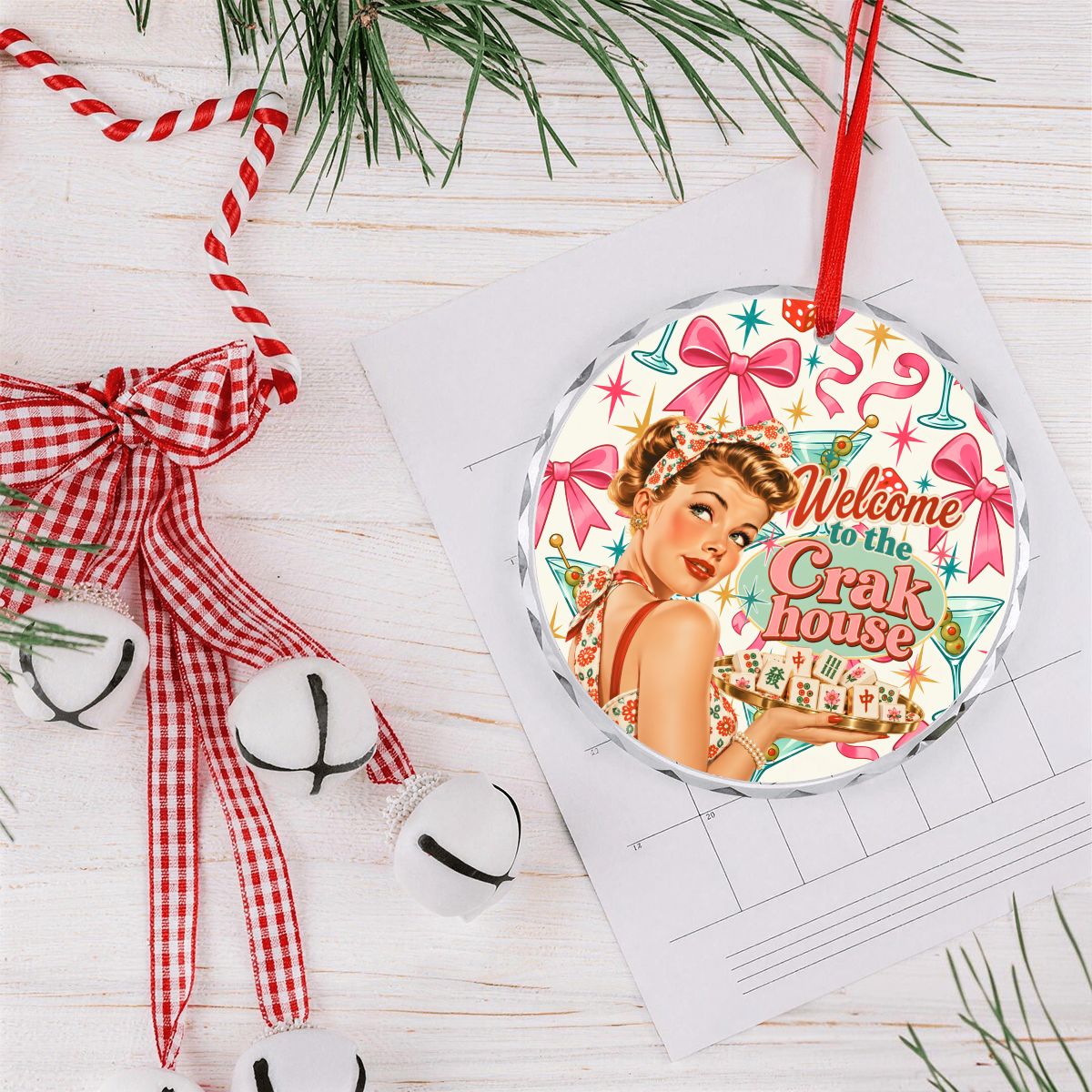 Welcome To The Crak House Funny Nostalgic Round Glass Christmas Ornament - Splash Of Mahj And Color Co.