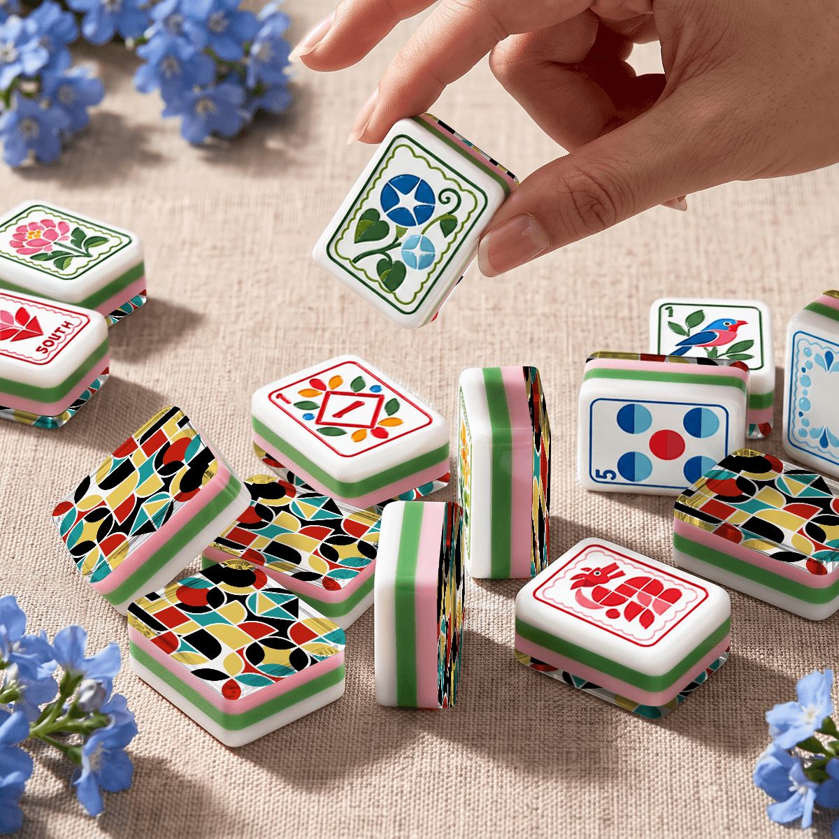 Modern Geometric Scandi  Folk American Mahjong Tiles  4 Layer And Carry Case