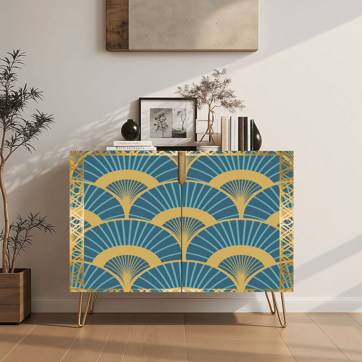 Golden Gilded Teal Art Deco Fan Pattern Modern Wooden Storage Cabinet - Splash of Color Co.